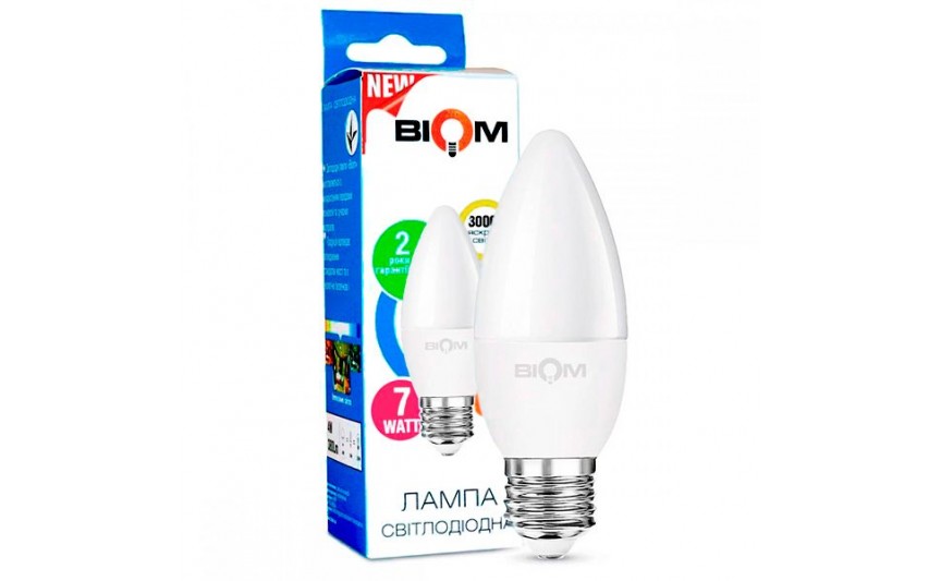 Світлодіодна лампа BIOM BT-567 C37 7W E27 3000K (Свічка)